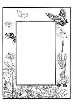 a black and white photo frame with flowers, butterflies and plants around it in the center