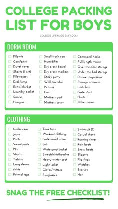 College Packing List for Boys, FREE PDF checklist of essentials for freshman college students to bring with them for college move in day. Including dorm room essentials, what clothing to pack, bathroom & toiletries, items shared with roommates, documents, school supplies, electronics, and more. College Checklist Freshman Boy, Dorm Room Checklist Freshman Year Boys, College Things To Buy, College Dorm Checklist Freshman Year For Guys, Dorm Room Essentials For Guys, College Dorm Checklist For Guys, College Needs List Freshman Year, College Dorm Checklist Freshman Year, College Packing List For Boys