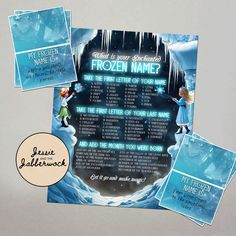 the frozen name poster is displayed with other items and information for each piece of paper