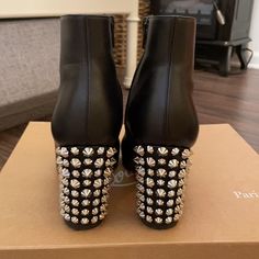 These Shoes Have Been Worn With Love And Care! All Studs Are In Tact Size 35 Open To Offers Luxury Studded Heeled Boots, Calf Leather Round Toe Heels For Party, Luxury Studded High Heel Boots, Studded Round Toe Heeled Boots For Formal Occasions, Luxury Spiked Round Toe Heels, Formal Studded Heeled Boots With Round Toe, Luxury Spiked Heels With Round Toe, Luxury Heels With Spikes And Round Toe, Designer Heels With Reinforced Heel And Round Toe