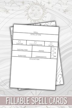 the fillable spell cards with sun and moon on it, in white paper text reads fill