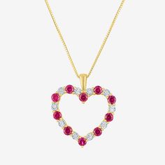 Features: Adjustable Chain, Quick ShipDiamond Clarity: I2Jewelry Closure: Spring Ring ClaspSetting: ProngShape: HeartStone Cut: RoundStone Millimeter Measurement: 2.25 Mm LengthDiamond Color: IMetal Color: YellowChain Length: 18 InchExtender Length: 2 InchPendant Length: 15mmPendant Width: 15mmRounded Carat Weight: Less Than 1/10 Ct.t.wChain Construction: BoxCare: Wipe CleanStone Type: 4 Lab Grown Diamond, 10 Lab Created RubyAuthenticity: Lab Created StoneBirthstone: July BirthstoneMetal: 10k Go Red Heart Cut Diamond Necklace, Fine Jewelry Necklace With Prong Setting For Valentine's Day, Heart-shaped Ruby Jewelry With Prong Setting, Heart Shaped Ruby Jewelry With Prong Setting, Red Heart-shaped Diamond Necklace, Valentine's Day Heart Necklace With Prong Setting, Red Heart Pendant Jewelry With Diamond Accents, Heart Shaped Necklace With Prong Setting, Red Heart Pendant Necklace With Diamond Accents