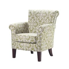 a green and white chair with an ornate pattern on the armrests, against a white background