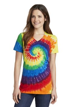 Port & Company ® Ladies Tie-Dye V-Neck Tee. LPC147V - RAINBOW - S | Port & Company Women's Tie-Dye V-Neck Top in Rainbow Size Small | Cotton Homeschool Art Projects, Groovy Tees, Groovy Shirt, Shopping Haul, Dye Techniques, Monogram T Shirts, Woman Top, Homeschool Art, Tie Dye Shirts