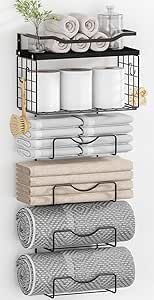 a wall mounted shelf with towels and cups on it