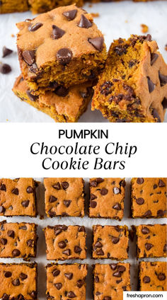 pumpkin chocolate chip cookie bars are stacked on top of each other and the bottom one is cut in half