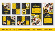 a yellow and black restaurant menu design with food items on the front, side and back