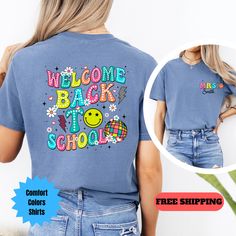 Welcome Back to School Teacher Shirt, Teacher T-Shirt, Custom Teacher Shirt, Teacher Name Shirt, Comfort Colors, Free Shipping, 1st Day How to order: -Select shirt size -Select shirt color -IMPORTANT Please select design color in the Personalization box. -Add to the cart and check out. Order is ready to ship in 1-3 business days. USPS First Class Mail (2-6 days) Need your order sooner. Upgrade to USPS Priority Mail (1-4 days) in cart for additional charge Comfort Colors Shirt Features 6.1 oz., 1 Trendy Blue T-shirt For School, Fun Blue T-shirt With Slogan, Fun T-shirt With Funny Print For Back To School, Casual Relaxed Fit T-shirt For Back To School, End Of School Year Multicolor T-shirt With Funny Print, Trendy Blue School T-shirt, Graphic Tee With Funny Print For School Year-end, Fun Graphic Print T-shirt For College, End Of School Year Funny Print Graphic Tee