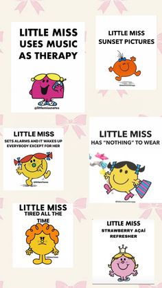 the little miss series is shown in four different colors and font styles, including one for each