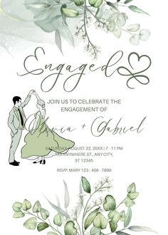 a wedding card with an image of a bride and groom on the front, surrounded by greenery