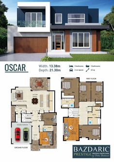 two story house plans with garage and living room in the middle, one bedroom on each floor