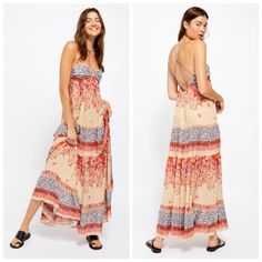 Free People Give A Little Maxi Dress Colorful Mix Print Maxi Slip Dress Featuring A Metal U-Ring At The Bust With A Strappy Crisscross Back. Tiered Skirt Adjustable Straps Unlined Design Light And Airy Fabrication While The Notched Detail At The Bust Lends For Whimsical Wear. Empire Silhouette. Fixed Shoulder Straps With Back Crisscross Detail. Straight Hemline New With Tags B35 Apricot Sundress For The Beach, Orange Maxi-length Sundress For Summer, Apricot Beach Sundress Maxi Dress, Orange Maxi Sundress For Summer, Orange Boho Print Maxi Dress For Summer, Apricot Sundress Maxi Dress For Beach, Orange Summer Sundress Maxi Length, Orange Maxi Length Summer Sundress, Spring Orange Boho Print Maxi Dress