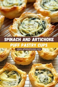 spinach and artichoke puff pastry cups on a cooling rack with text overlay