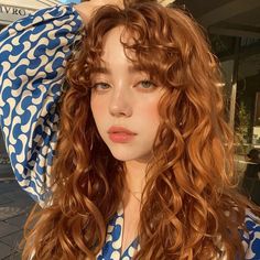 Curly White Hair Aesthetic, Natural Light Red Hair, Curly Ginger Hairstyles, Red Curly Hair With Bangs, Red And Blonde Curly Hair, Curly Red Hair Aesthetic, Warm Ginger Hair, Ginger Hair With Lowlights, Redhead Curly Hair