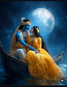 a painting of two people sitting on a boat in the water with moonlight behind them