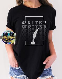 Looking for the perfect t-shirt to show your love for writing? Look no further than our "writer" t-shirt! This stylish and comfortable t-shirt is the perfect way to express your passion for writing while looking great. Made from 100% airlume combed and ringspun cotton, our writer t-shirt is designed to be soft, comfortable and durable. Whether you're working on your latest WIP or just hanging out with friends, this t-shirt is sure to be your go-to choice. Featuring bold, eye-catching lettering, Black Literary Crew Neck T-shirt, Literary Black Cotton T-shirt, Black Literary T-shirt With Letter Print, Writer Shirts, Author Gifts, Writer Gifts, Gifts For Bookworms, Book Lovers Gifts, Book Lover