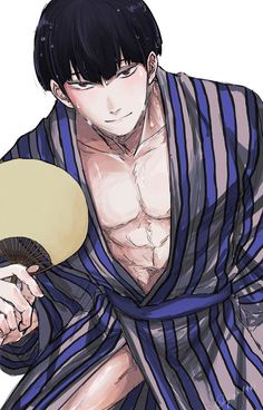 a man with no shirt holding a paddle and wearing a striped kimono over his body