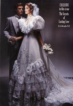 a man and woman in wedding attire on the cover of an issue of brides magazine