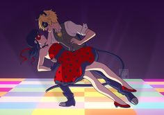 an animated image of two people dancing on a checkered floor with purple and red colors