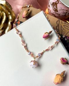 -DESCRIPTION- ✨Free worldwide shipping over $70aud with the code FREESHIP70 ✨ Delicate dark pink  and peach Czech glass beads and pink Czech glass hearts, framing a handmade glass rose pendant. The wire used is anti-tarnish brass, color matched to 18k gold (not gold plated, but will maintain its color long term), and the necklace is closed with a gold plated brass clasp and heart extender.  A perfect romantic gift ❤️. can be made in sterling silver upon request.  The length of the necklace is 41 Princess Cottagecore, Fairy Tea Party, Pink Cottagecore, Romantic Princess, Necklace Fairy, Fairy Tea Parties, Glass Hearts, Art Nouveau Pendant, Glass Rose