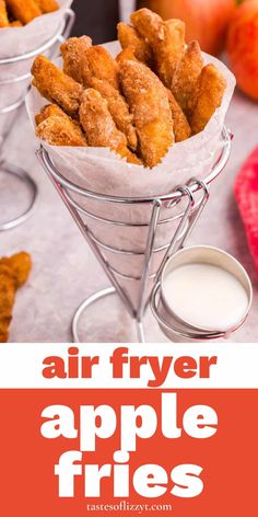 air fryer apple fries with apples in the background and text overlay that reads, air fryer apple fries