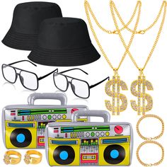 PRICES MAY VARY. Plastic Pull On closure Hand Wash Only 

 YAROMO 12 Pieces Hip Hop Costume Kit 80s/ 90s Rapper Accessories Hat, Sunglasses, Gold Chain, Bucket Hat, Boom Box, Gold Rapper Chain and Ring with Dollar Sign Pendant, Bracelet for Valentine's Day  
 Do you want to shine at the party? Our 12 Pieces 80's 90's hip hop suit will make your party full of enthusiasm and surprise! 
 These hip-hop suits are perfect for carnivals, theme parties and Thanksgiving, Christmas. 
 
 Specifications: 90s Outfit Party Hip Hop, 90s Fancy Dress, 90s Outfits Party, 90s Theme Party Outfit, 90s Accessories, 90s Theme Party, Hip Hop Costumes, Trio Halloween Costumes, Bracelet And Ring