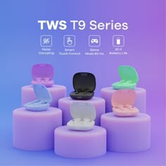 an advertisement for the tws to series with baby seats on top of stools