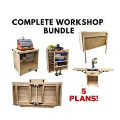 the complete workshop bundle includes 5 plans for making workbench, and 3 shelves