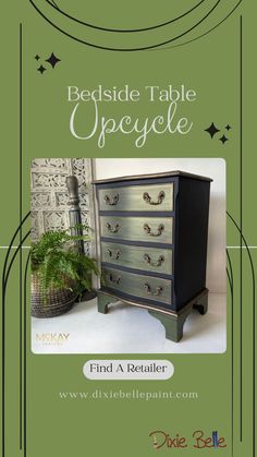 a green and black dresser with the words bedside table oppefle on it's side