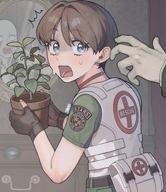 a boy in uniform holding a potted plant and pointing to the side with one hand