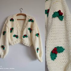 a white knitted sweater with red and green berries on it, next to a photo of the same sweater