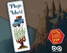 a cross stitch bookmark with an image of a blue truck on it and the words magic world next to it