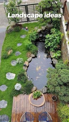 a small backyard garden with a pond and wooden decking area, surrounded by green grass