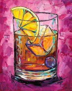 a painting of a glass filled with an orange slice