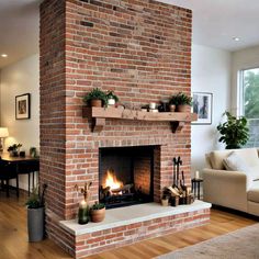 a brick fireplace with potted plants on the mantel and candles in front of it