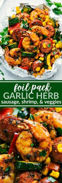 grilled shrimp and veggies in foil packets on a white platter with text overlay