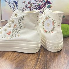 ✍Dear guests,  Welcome to my store and choose private custom-made embroidery shoes.  If you have any custom needs, I will embroider a shoe for you according to the pictures, ideas and words you send. At the same time I can also accept the urgent production. I can deliver the shoes to the express company within a week. I only need you to pay some urgent fees. You can receive the goods within the time you need. . If I can't make it for you I'll handle the refund for you. ✍Price includes: Converse 1970s and floral embroidery design. (The shoes are converse 1970s by default, If there is no shoe color or pattern you want in the options, you can contact me at any time, and I will do my best to help you）  As is shown in the picture, these are all embroidered patterns on the shoes by myself. Since Embroider On Converse, Converse Floral, Embroidery Converse, Floral Converse, Flowers Shoes, Cute Converse Shoes, Embroidered Converse, Cute Converse, Wedding Converse