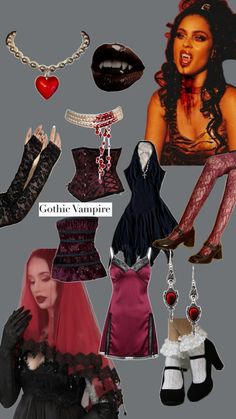 a collage of goth clothing and accessories including stockings, gloves, shoes, necklaces