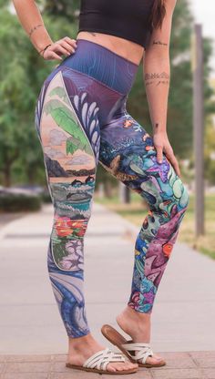 Get ready to ride the waves with these mashup leggings! One leg features a vibrant coral reef theme with playful clownfish (Oh hai there, Nemo! I found you!) while the other leg showcases a surfboard with Turbo Ohana vibes. Perfect for ocean lovers and surf enthusiasts, these leggings are sure to make a splash wherever you go. Stretch Multicolor Surfing Bottoms, Stretch Multicolor Bottoms For Surfing, Casual Stretch Activewear For Surfing, Casual Multicolor Moisture-wicking Leggings, Clown Art, Gym Tights, Athleisure Leggings, Eagle Rock, Clownfish