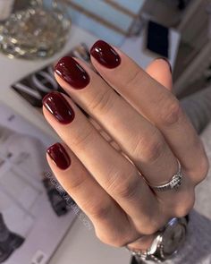 Red Lips And Nails Aesthetic, Russian Manicure Color, Classy Nails Colors, Simple Manicure For Short Nails, September Gel Nails, Neutral Short Nails, Short Square Nails Fall, Merlot Nails, Short Nails Red