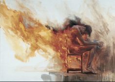 a painting of a woman sitting in a chair on fire