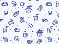 a blue and white background with different types of food, drinks and other things on it