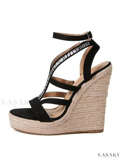 Lasaky - Elegant Rhinestone-Embellished Womens Summer Sandals with Micro Suede Upper, Wedge Heel, and Ankle Strap Basic Heels, Womens Sandals Summer, Rhinestone Shoes, Womens Chunky Heels, Rhinestone Sandals, High Heel Wedges, Women Shoes Online, Estilo Chic, Platform High Heels