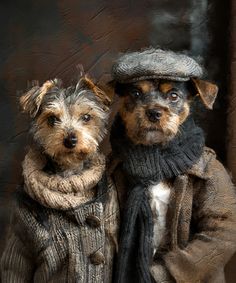 two dogs dressed in coats and hats standing next to each other