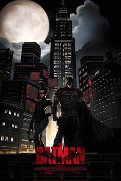 batman the dark knight returns poster with two men standing in front of a city at night