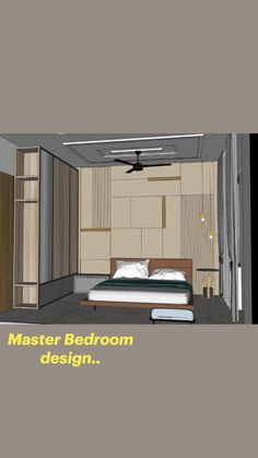 a bedroom with a bed and ceiling fan in it's center, next to an open closet