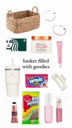 the contents of a basket filled with goodies on a white background and text overlay