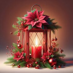 a red lantern with poinsettis and greenery on the sides is lit by a candle