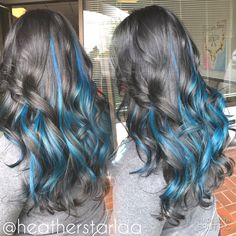 Halo Blue Hair, Blue Peekaboo Hair Brown, Blue Halo Hair, Blue Streaks In Brown Hair, Blue Peekaboo Hair, Blue Highlights In Brown Hair, Halo Hair Color, Blue Peekaboo, Blue Hair Highlights