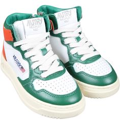 Color: Multicolor Medalist mid-top multicolor sneakers, upper in white leather with stitching defining the shape of multi-layer inserts in green and pink leather, perforated toe for better breathability, flat cotton laces. Leather tongue with tonal label and foam padding. Padded ankle collar with contrast insert. Zipper at side interior. Leather and cotton terry lining. Rubber sole with logo. Shoe bag included. 100% Leather. Green High-top Sneakers With Contrast Sole For Streetwear, Green Lace-up Basketball Shoes, Green High-top Sneakers For Streetwear, Green High-top Basketball Shoes With Branded Insole, White High-top Custom Sneakers With Elastic Laces, Green High-top Basketball Shoes With Laces, Green Mid-top Sneakers With Rubber Sole, Sporty Green Basketball Shoes With Contrast Sole, Sporty Green Leather High-top Sneakers